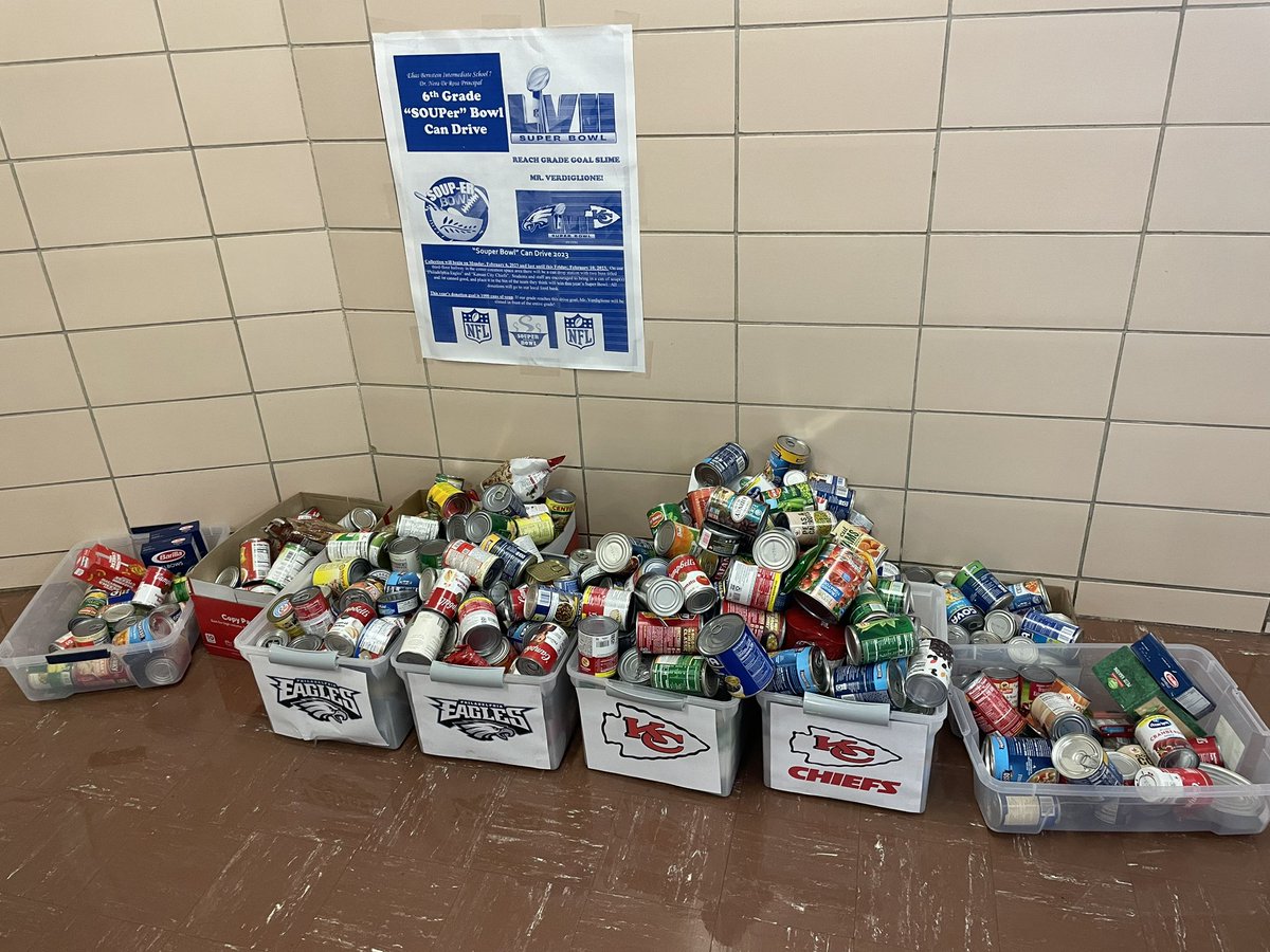 IS7 6th Grade reach their goal of 1000 cans for the 2023 “Souper” Bowl Can Drive. Thank you to @NewMonmouthElem for the wonderful idea that will support  both communities! #verdiglioneisgettingSLIMED <a href="/CSD31SI/">CSD31StatenIsland</a> <a href="/FollowCSA/">CSA</a> <a href="/DrMarionWilson/">Dr. Marion Wilson</a> #proudtobeanIS7viking