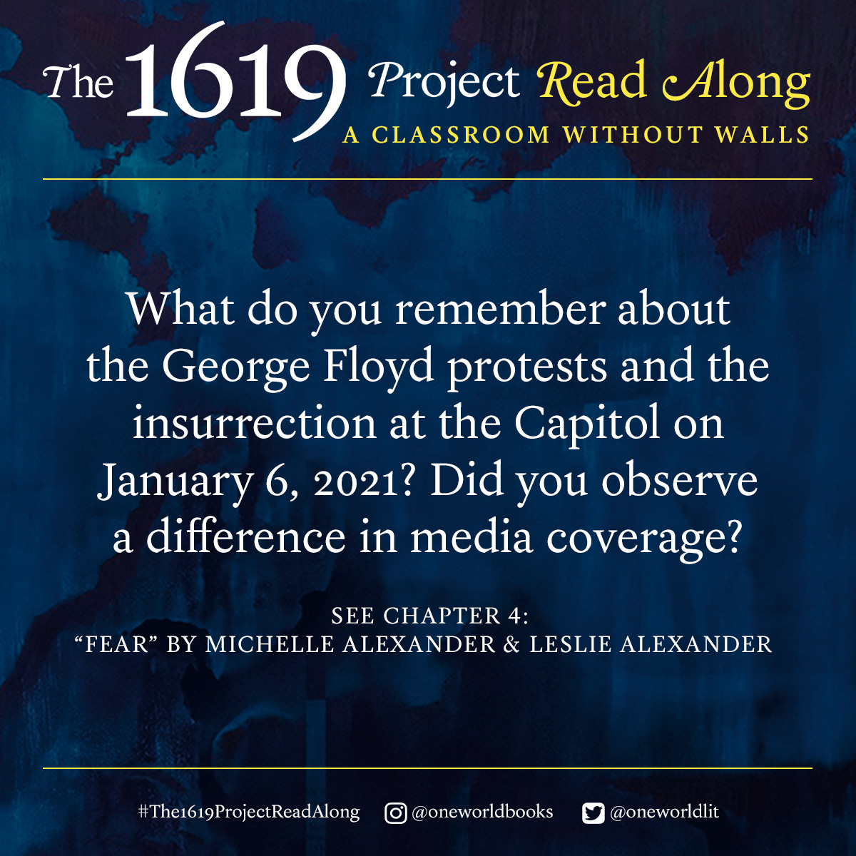 OneWorldLit's tweet photo. Here is question number two for you to reflect on as you work your way through the current chapter of #The1619ProjectReadAlong, "Fear" by Michelle Alexander and @lesliemalex! Discuss with your friends, family, or book club, or share your thoughts in a comment! https://t.co/mPLH6nob8E