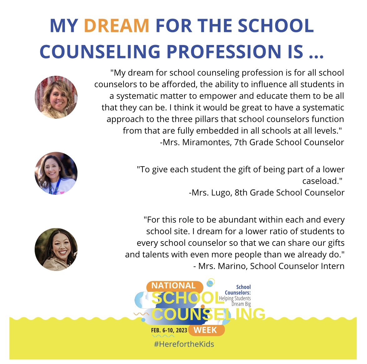 Mrs_Marin0's tweet photo. The last day of a great week! Check out our dreams for the #SchoolCounseling profession and always remember to DREAM BIG! Thank you @AISMatadors @ScottCavi @jdelavigne_rusd  for your support! #NSCW23 #DreamBig #HereForTheKids @MyCASC @ASCAtweets https://t.co/Jep5ZUM3nH