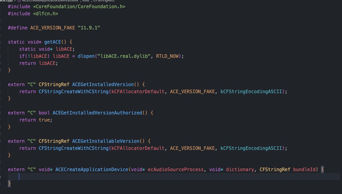0xNULLderef's tweet photo. . @RogueAmoeba why did you stop supporting 10.14 for ACE? now i have to do this shit :(( (unfinished, hopefully i can jank it toghether) https://t.co/mWcqVvkk5C