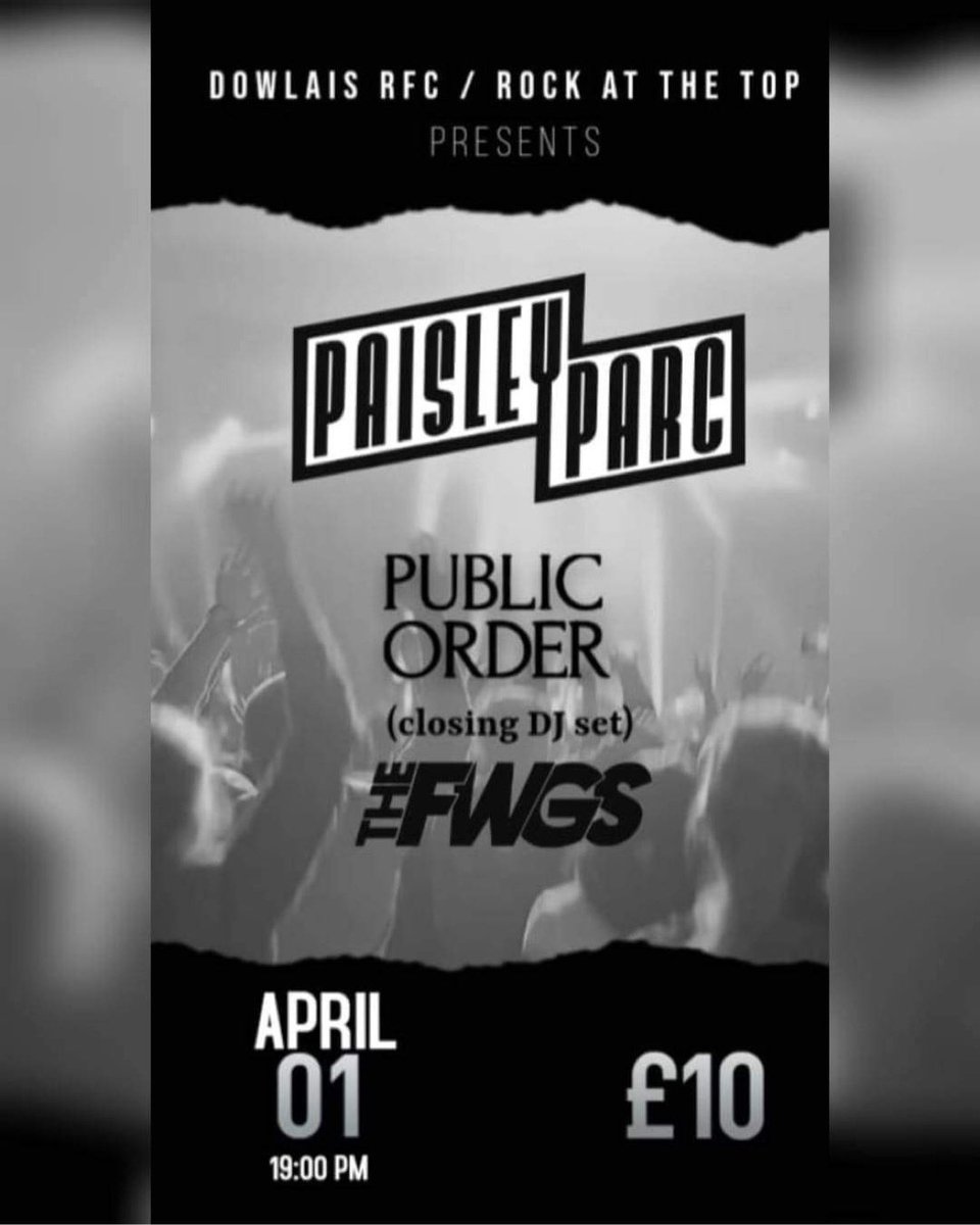 We’re delighted to annouce that @paisleyparcuk will be returning to play Dowlais RFC for the first time in nearly 4 years, also joining them will be indie rockers @thefwgs and Indie/Electronic hybrid @publicorderuk doing a closing DJ set. 

Tickets on sale soon