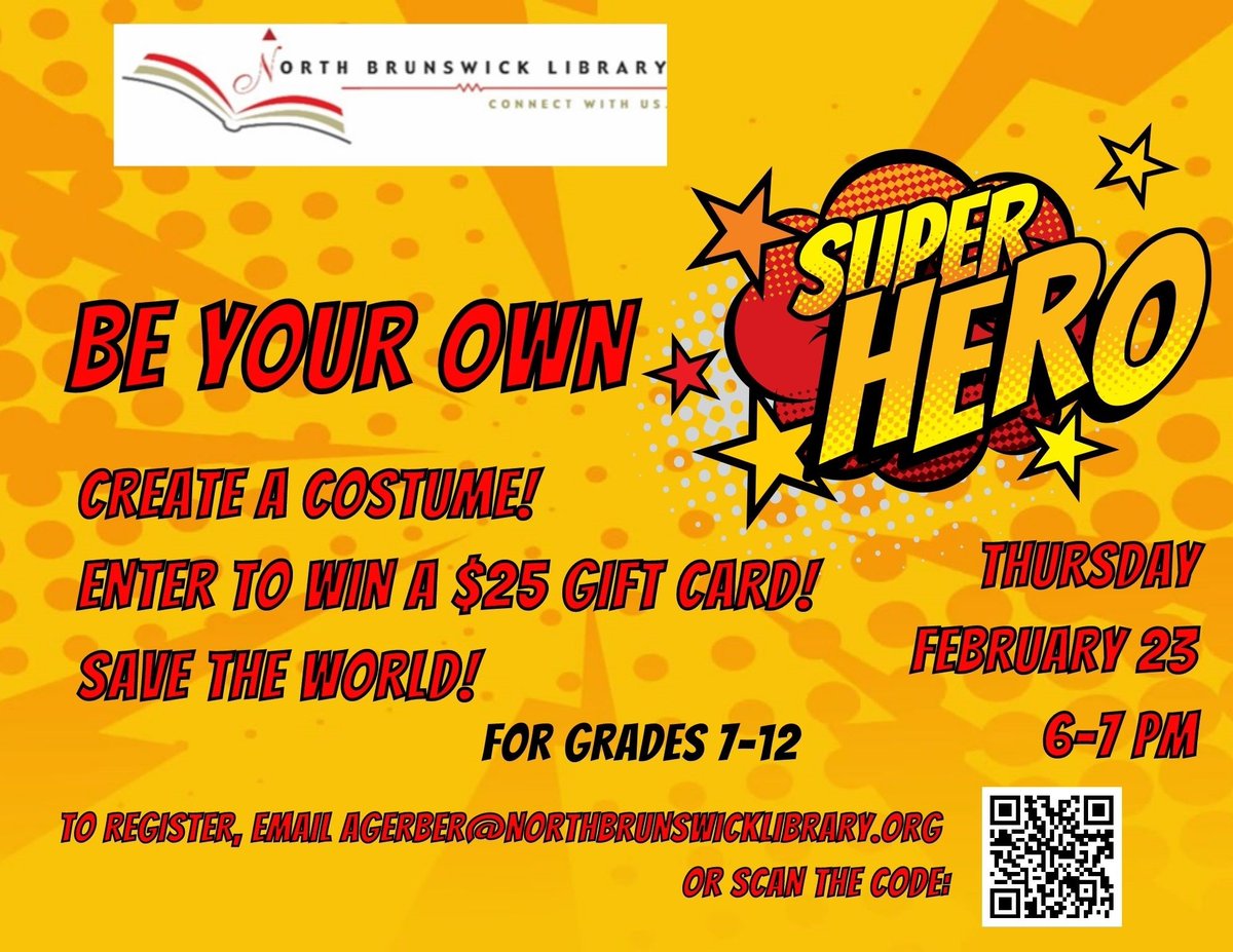 Teens of NBT: Congratulations, you are now a #superhero! What is your new identity? What #powers do you have? On 02/23 @ 6PM, visit NOBR PL & Be Your Own Superhero! You may even win a $25 gift card! Register by emailing agerber@northbrunswicklibrary.org. #superheroart