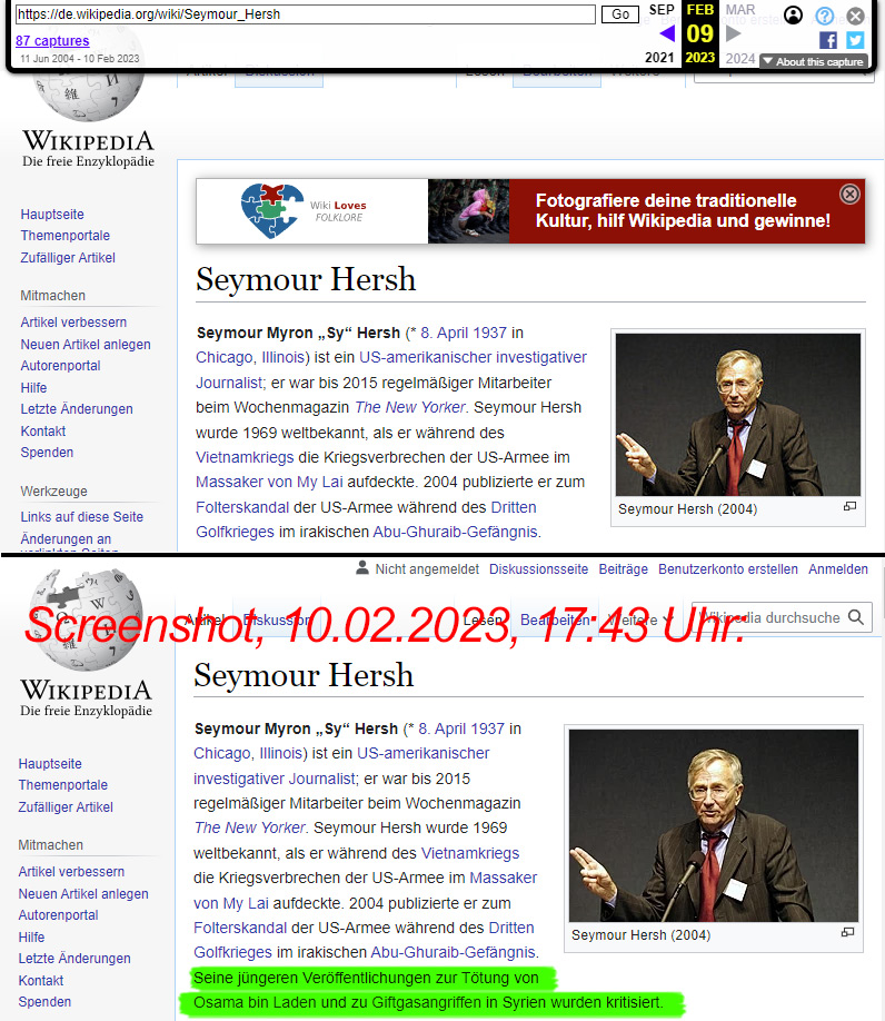 ZentraleV's tweet photo. Von vielen vorhergesagt, jetzt Realität: Die Hetze gegen den Journalisten Hersh wegen seines „Nord Stream“-Artikel hat begonnen. Als 1. Maßnahme wurde heute der Wikipedia-Eintrag zu ihm so abgeändert, als wäre er/seine Arbeit umstritten. Archiv gestern: https://t.co/aPM8GBLS3h https://t.co/DU4A1HPBRD