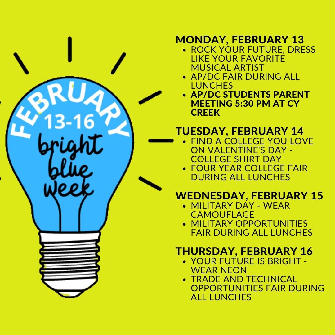 Don't forget! Next week we have lunch visitors each day as well as the AP/DC parent/student meeting on Monday night at 5:30.

Also, dress up with the spirit week themes listed here!