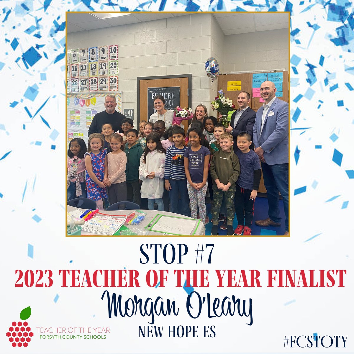 Today’s final stop is New Hope ES to Morgan O’Leary, first grade teacher! We will announce the 2023 #FCSTOTY at Celebration of Excellence on March 9! #FCSCelebrate