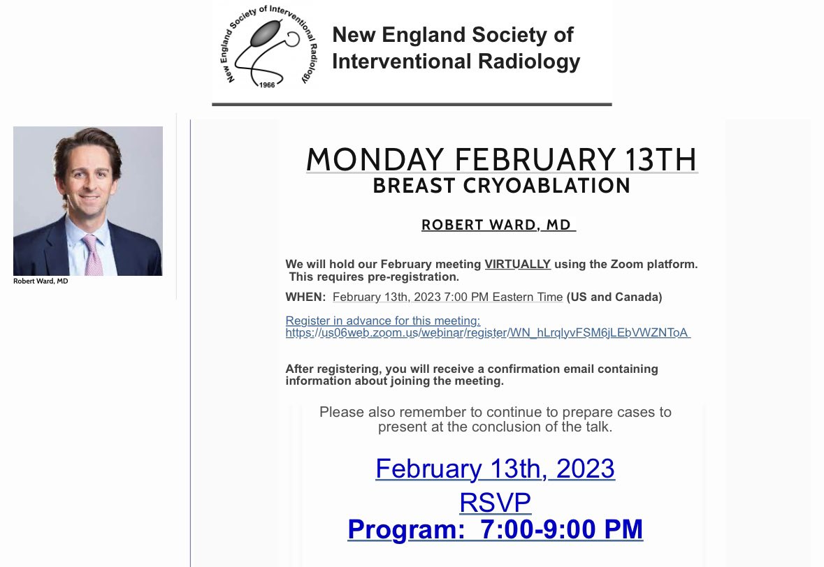 Happening Monday! Tune in virtually to learn about breast cryoablation from Dr. Ward RSVP: tinyurl.com/NESIR @brownradres @Brown_VIR @juliecbulman @JohnDiCapua1 @CMGlaserMD @SIRRFS @SIR_ECS