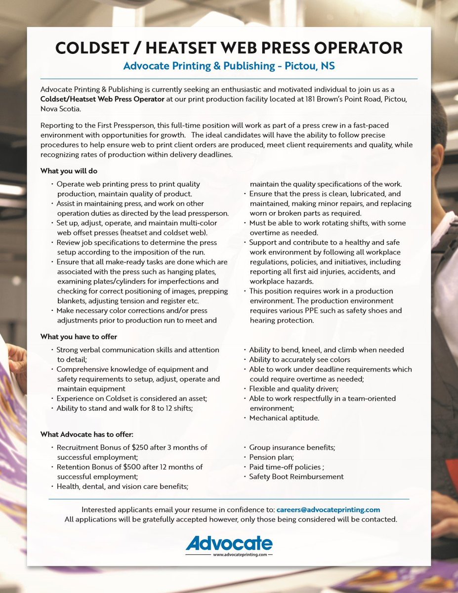 Advocate1891's tweet photo. We're hiring a ColdSet HeatSet Webpress Operator. 

Do you have the ability to follow procise procedures to help ensure web to print client orders are produced to meet client requirements?

Then, come become part of our press crew! https://t.co/ni1smST8jA