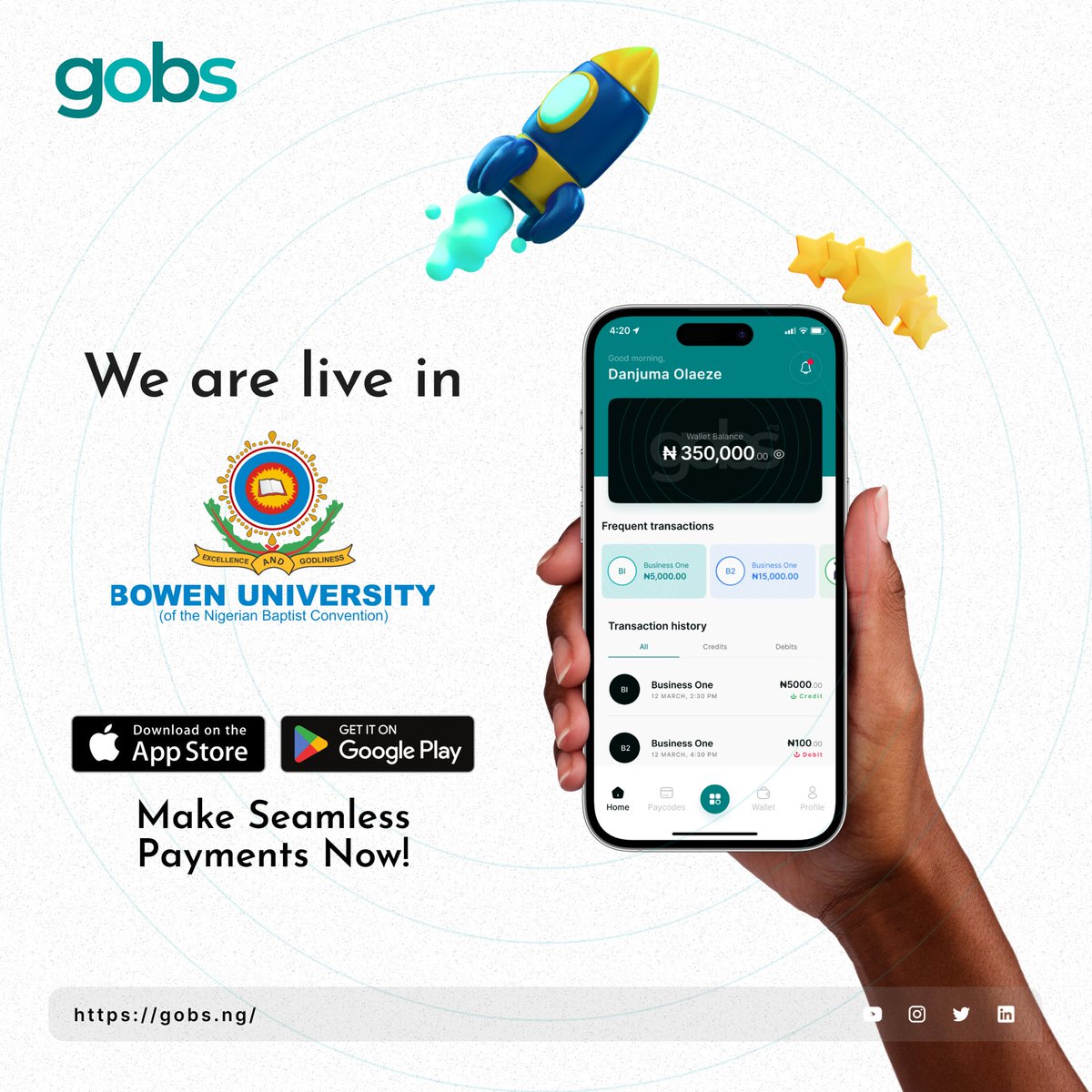 We’re thrilled to announce that we are now live in Bowen University🚀

We are the first QR contactless payment service providers in BUI with settlement capabilities💥
This makes us a go-to payment partner for businesses & Bowenites🥳
#QRPayment #ContactlessPayment #GobsApp