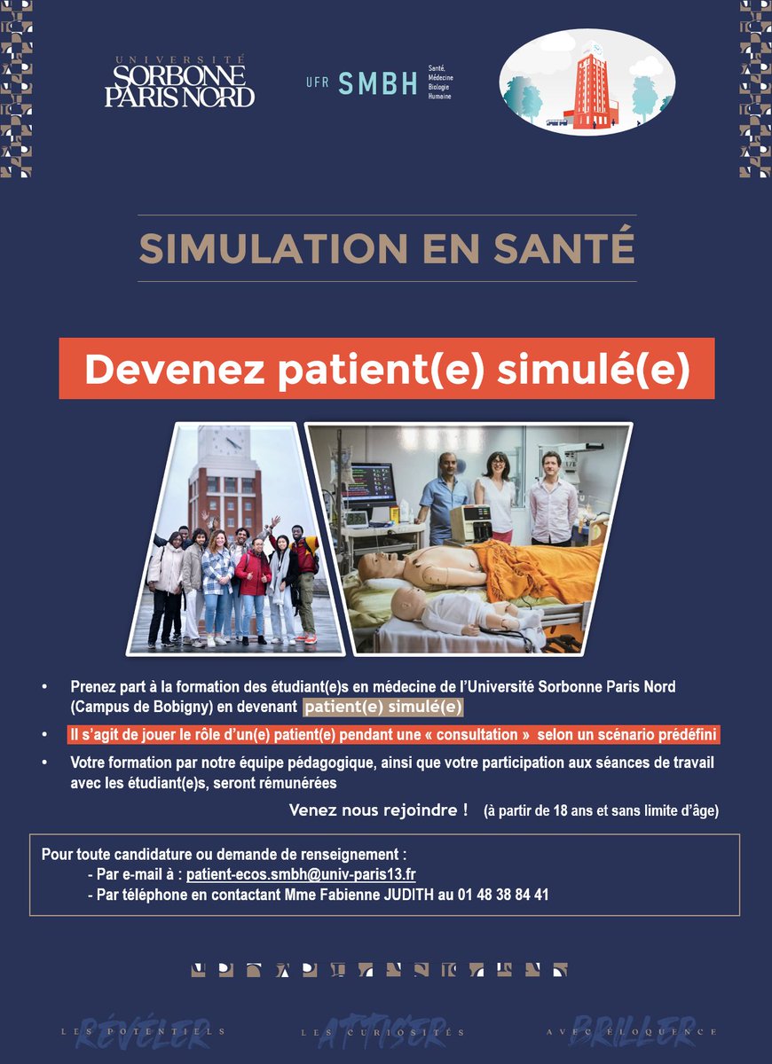 Venez prendre part à la formation des étudiant(e)s de la Faculté de Médecine de Bobigny en devenant patient(e) simulé(e) !
➡️ Il s'agit de jouer le rôle d'un(e) patient(e) pendant une "consultation" selon un scénario prédéfini.

[cette activité est rémunérée]