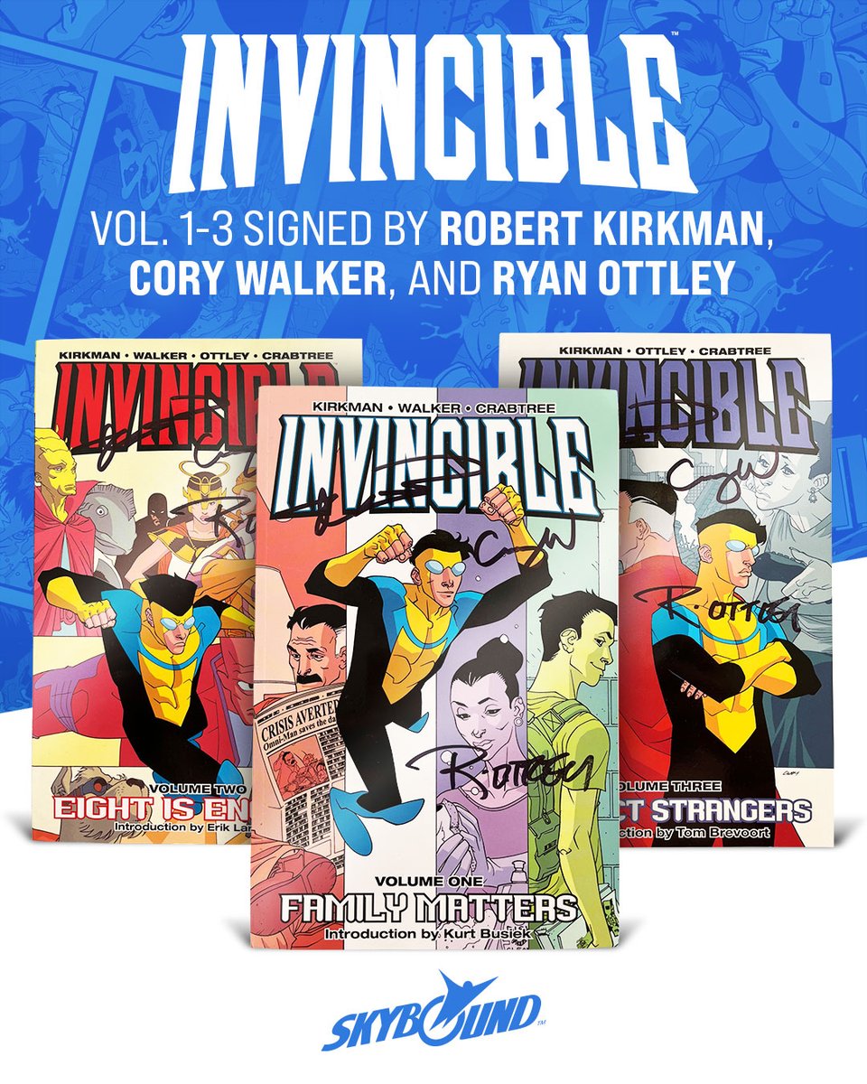 Skybound's tweet image. Last month, we announced season 2. This month, we're giving away blood-spatter-free volumes of @INVINCIBLEHQ signed by @RobertKirkman, Cory Walker and @RyanOttley. All you have to do is follow @Skybound and RT this post. #Invincible20