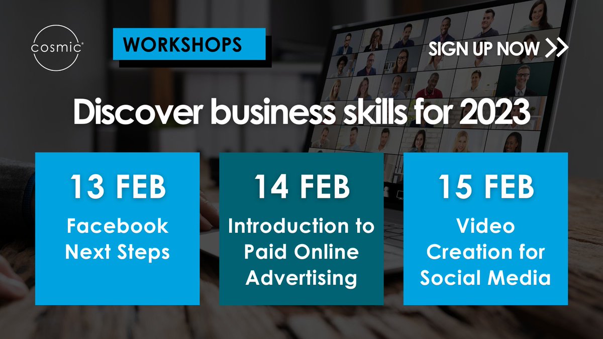 Happy Friday! It's time for what's coming up next week!

13 Feb: Facebook Next Steps
14 Feb: Introduction to Paid Online Advertising
15 Feb: Video Creation for Social Media

Sign-up for these and more: cosmic.org.uk/events

#DigitalSkills #FreeTraining #SocialMedia #PaidAds