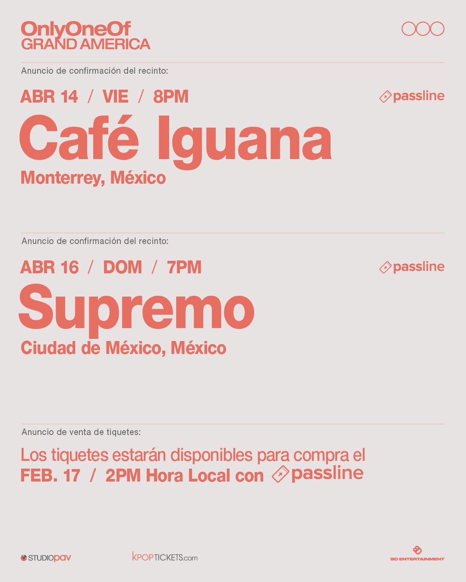 📣 #lyOn de México, ¡los escenarios para el 🤍OnlyOneOf Grand America Tour🤍en Monterrey y CDMX han cambiado! 🇲🇽
✨El escenario escogido para el show de MONTERREY el 14 de Abril es Café Iguana. Para el show de CDMX el 16 de abril es Supremo✨