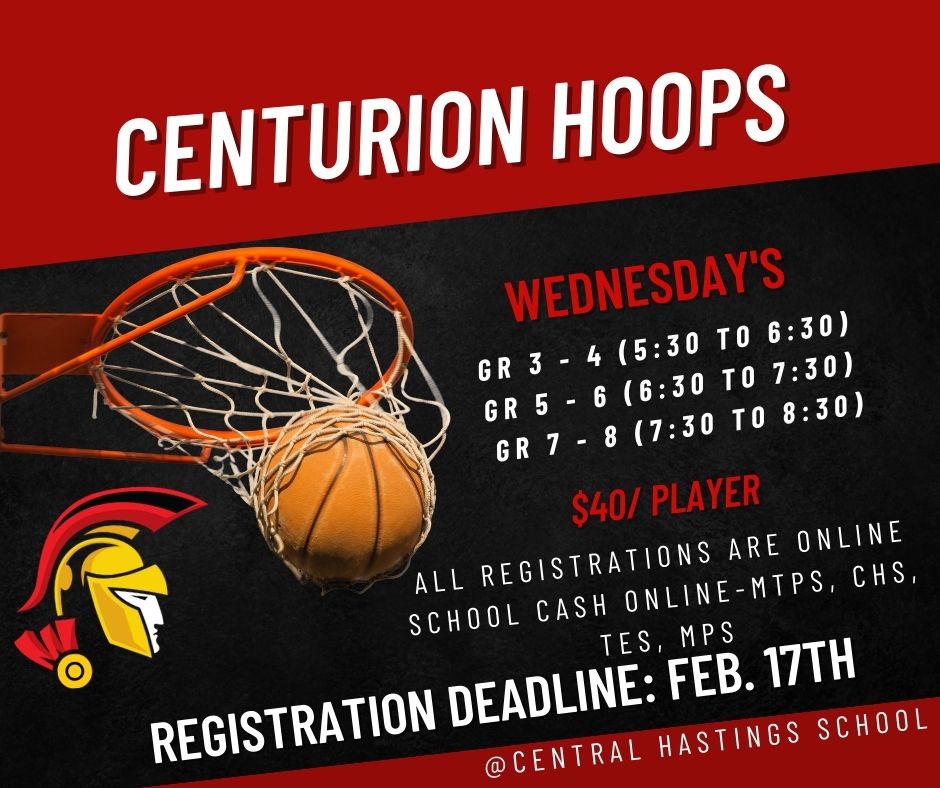 Registration due Friday for hoops!  
Regsistration Link:
forms.gle/xnseQCiW2LGsRJ…
• $40.00/player paid by School Cash Online (includes 8 weeks of basketball + t-shirt) 
• Contacts: Sarah Wannamaker (swannamaker@hpedsb.on.ca) &amp; Lesley Morgan (lmorgan@hpedsb.on.ca) @ 613 473 4251