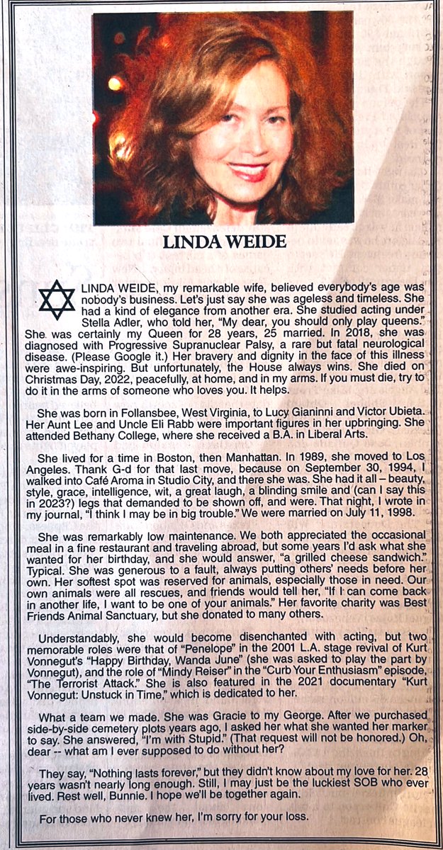 Hell of an obituary for Linda Weide by her husband, “Curb Your Enthusiasm” director Robert B. Weide.