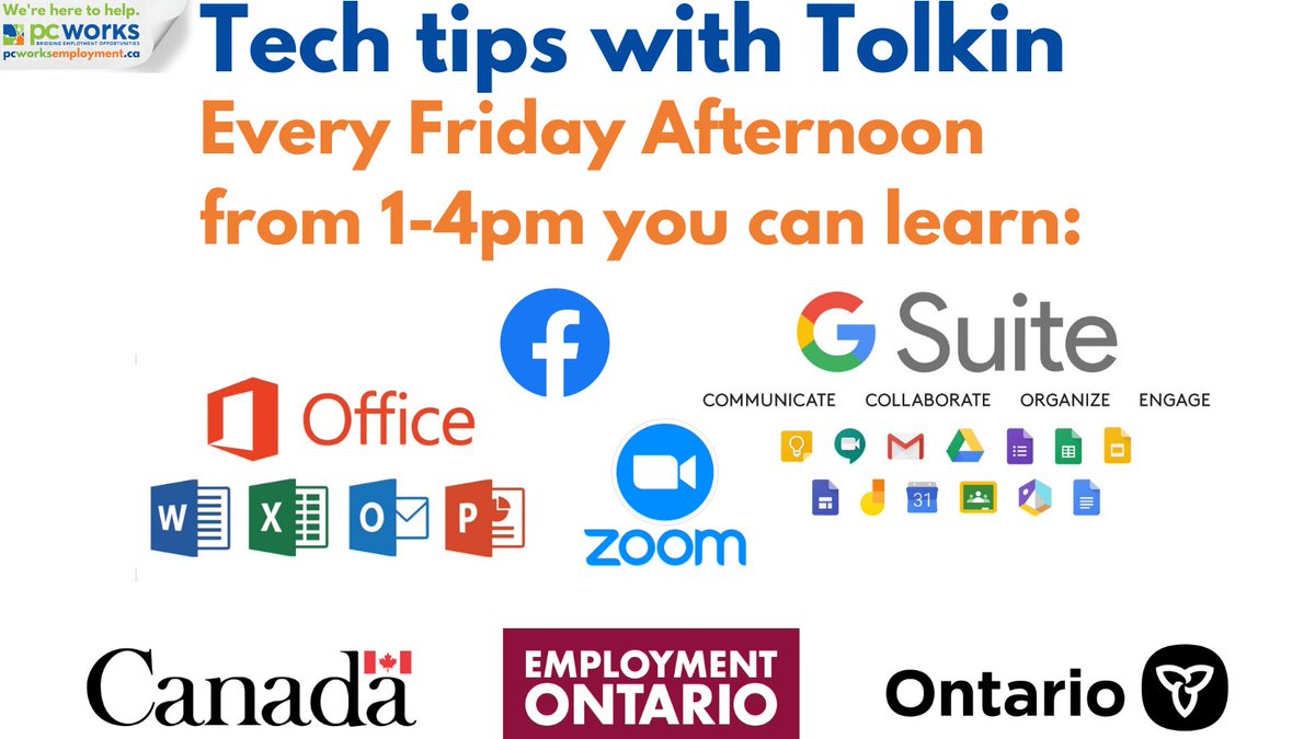 PCWorksEmploy's tweet image. Every Friday afternoon PC Works will be hosting “Tech tips with Tolkin” from 1-4pm. Walk-ins are welcome and no appointment is necessary. Have any digital concerns you may have addressed. 

#ONJobs