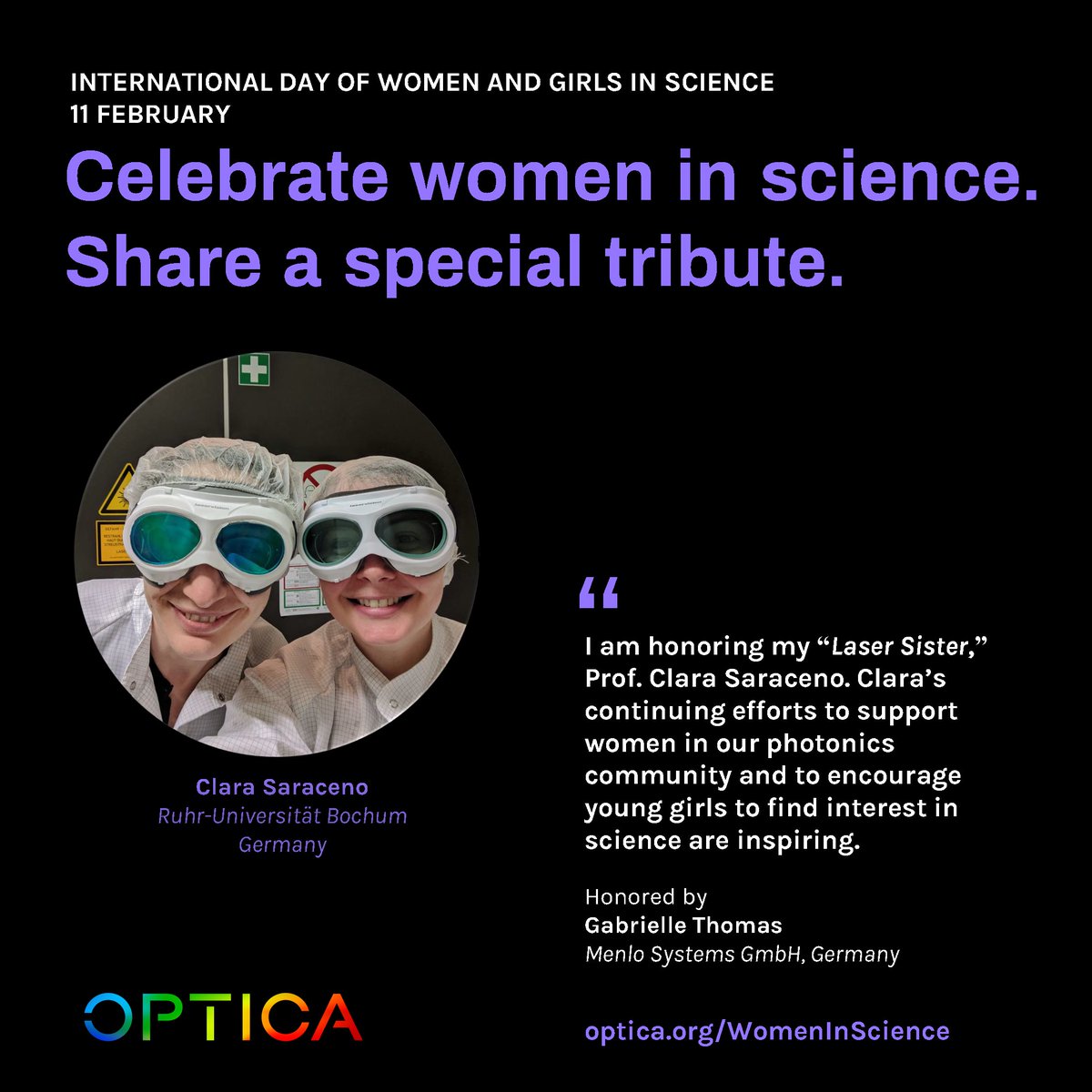 #OpticaAmbassador <a href="/gabriellelasers/">Gabrielle Thomas</a> celebrates #OpticaFellow &amp; Ambassador Clara Saraceno, her "Laser Sister!" Clara's  research includes high-power ultrafast #lasers &amp; Terahertz science and technology. 

Celebrate #WomenInSTEM with a tribute - ow.ly/ojye50MOHEH
#February11