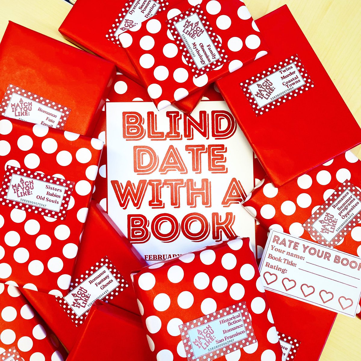 Blind Date with a Book kicks off today!! Take a chance & check out one of these wrapped books! The more you read, the more chances to win the candy raffle prize! #blinddatewithabook #book #books #february #valentines #valentinesday #love #lovebooks #lovereading #libraryprogram