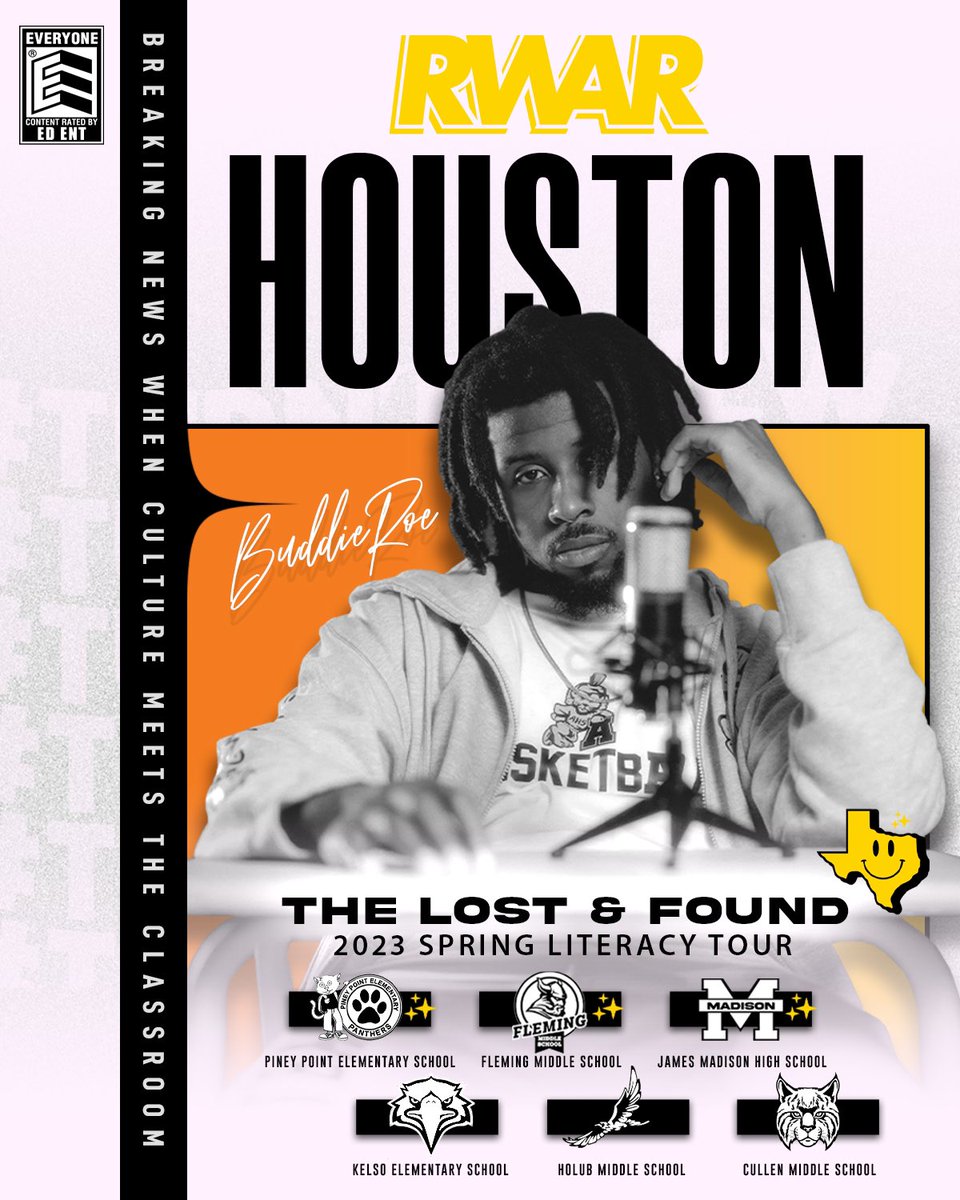Educational Entertainment (@edentworld) on Twitter photo Kicking off the #TurnTXYLW campaign with @readingwarapper & <a href="/buddieroe7100/">Buddieroe7100</a> for the #LostAndFound Spring 2023 Literacy Tour featuring select schools within HISD & AISD.
Students apart of the tour will study BuddieRoe’s Lost & Found Album as apart of a curriculum. Kicking off the #TurnTXYLW campaign with @readingwarapper & <a href="/buddieroe7100/">Buddieroe7100</a> for the #LostAndFound Spring 2023 Literacy Tour featuring select schools within HISD & AISD.
Students apart of the tour will study BuddieRoe’s Lost & Found Album as apart of a curriculum.