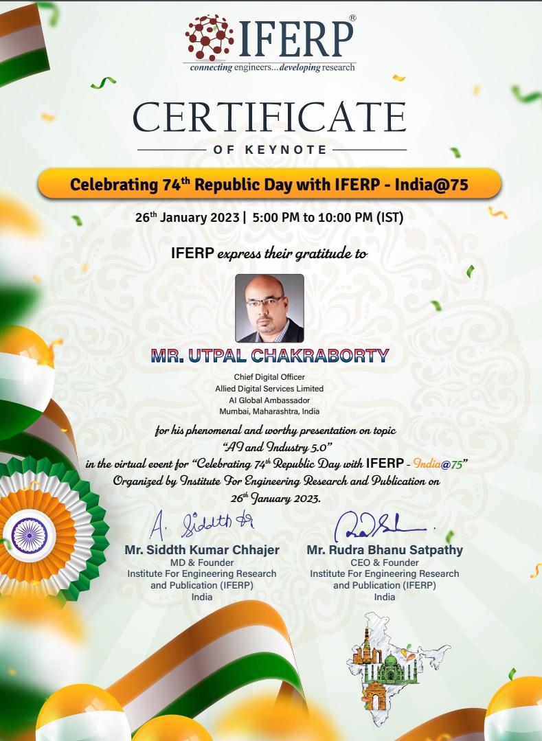 Honored to be recognized for my Keynote on 'India and Industry 5.0' on the eve of 74th Republic Day India@75 'Ajadi Ka Amrit Mahotsav'

#industry5 #industry50 #sustainablity #indiaat75 #ajadikaamritmahotsav #india #ai #aiforall #sustainablefuture