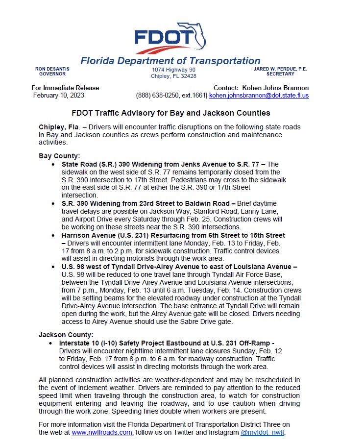 BAY &amp; JACKSON - Drivers will encounter traffic disruptions on the following state roads in Bay and Jackson Counties as crews perform construction and maintenance activities.
#NWFLtraffic
