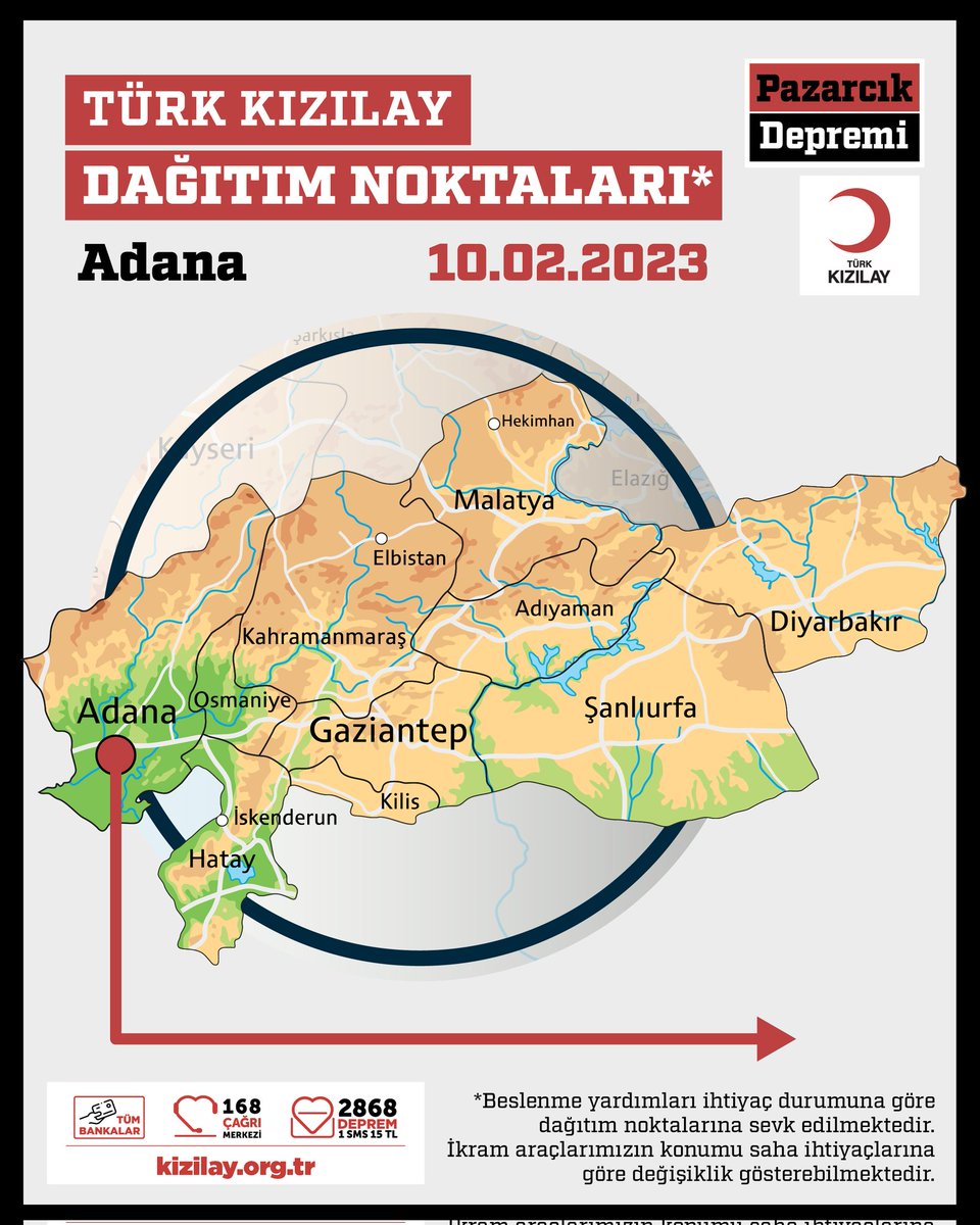 Kizilay's tweet photo. 🟥 DAĞITIM NOKTALARIMIZ
📍 Adana
📆 10.02.2023 Cuma https://t.co/ln7Dnc813e