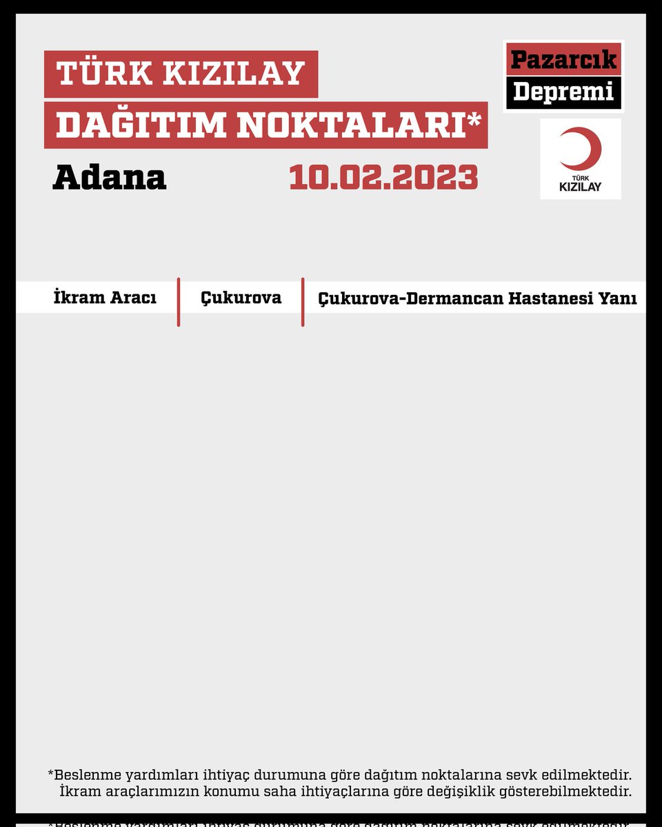 Kizilay's tweet photo. 🟥 DAĞITIM NOKTALARIMIZ
📍 Adana
📆 10.02.2023 Cuma https://t.co/ln7Dnc813e