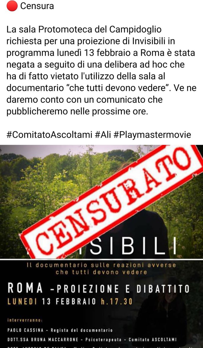 RaffaellaRegoli's tweet photo. Ci risiamo. CENSURATO #invisibili. Il Campidoglio di Roma con una delibera ad hoc impedisce la proiezione del docufilm che parla degli effetti avversi dei #vaccini #Covid #pfizer @fuoridalcorotv https://t.co/JrmJEplBSn