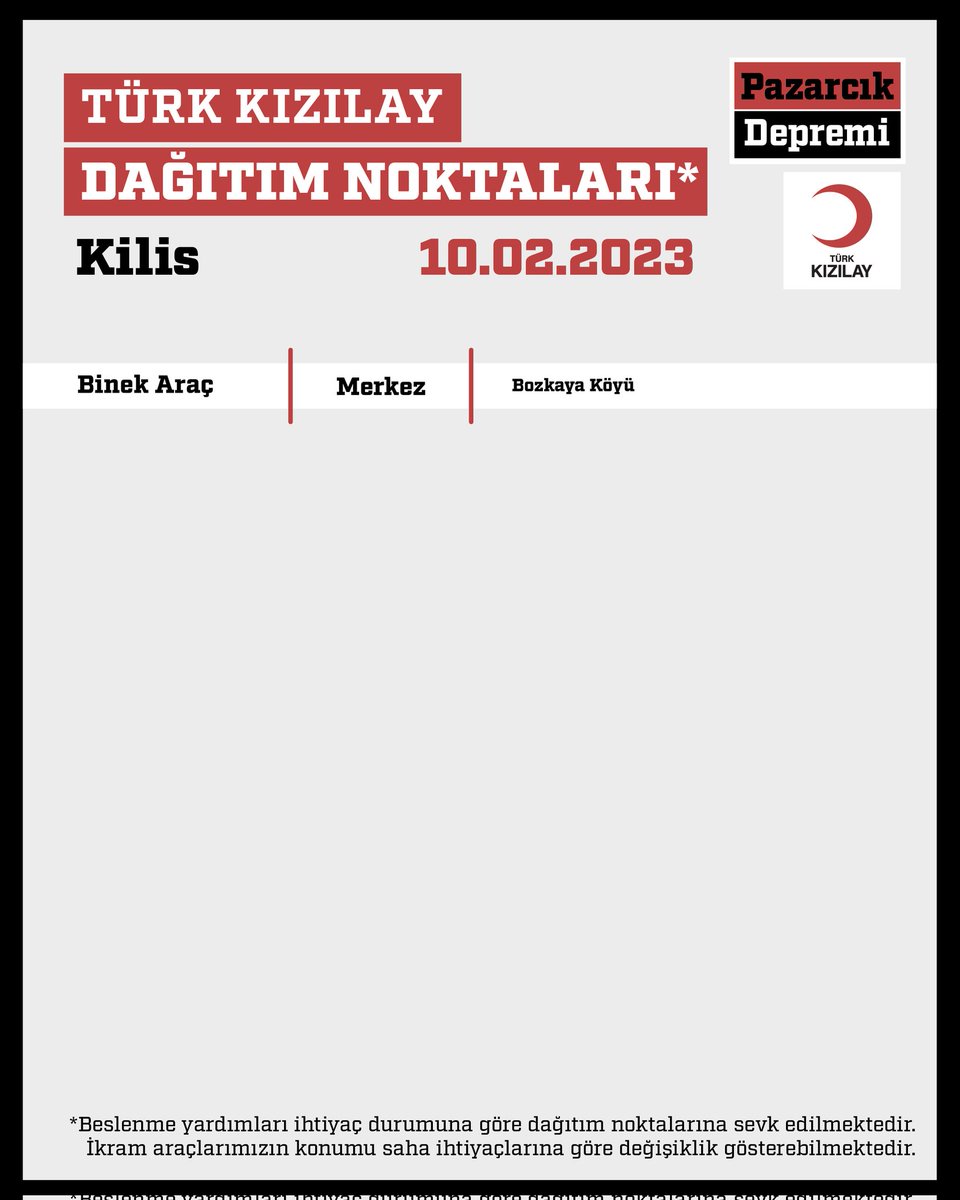 Kizilay's tweet photo. 🟥 DAĞITIM NOKTALARIMIZ
📍 Kilis
📆 10.02.2023 Cuma https://t.co/CSb7ELsfng