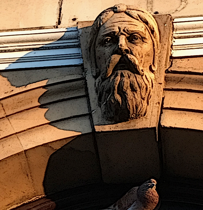 HooklandGuide's tweet photo. Shadows strain the eyes of stone sentinels. All their slow stares interrupted.. The wise heads of Weychester Bank – Merlin, Bran, St. Joan and company – blink and prepare themselves for another night of pigeon indignities. https://t.co/lead1Y4b5V