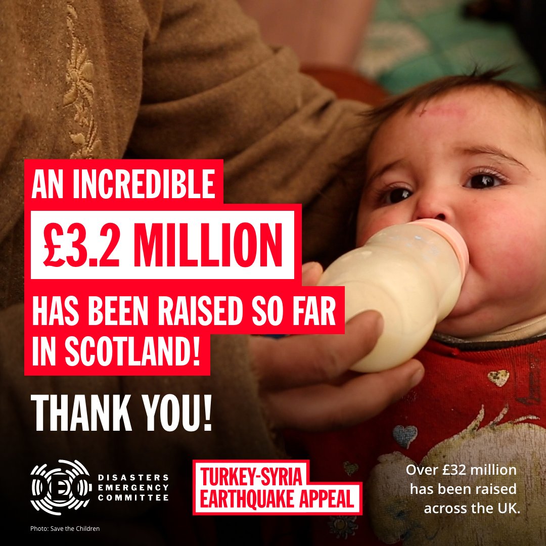 Hugely encouraging and inspiring news this evening We have raised well over £3 million in Scotland in response to the #TurkeySyriaEarthquake in just 24 hours, £32.9 m across the UK! Whilst its tough for so many here just now, the compassion shines through. Thanks so much.🥰
