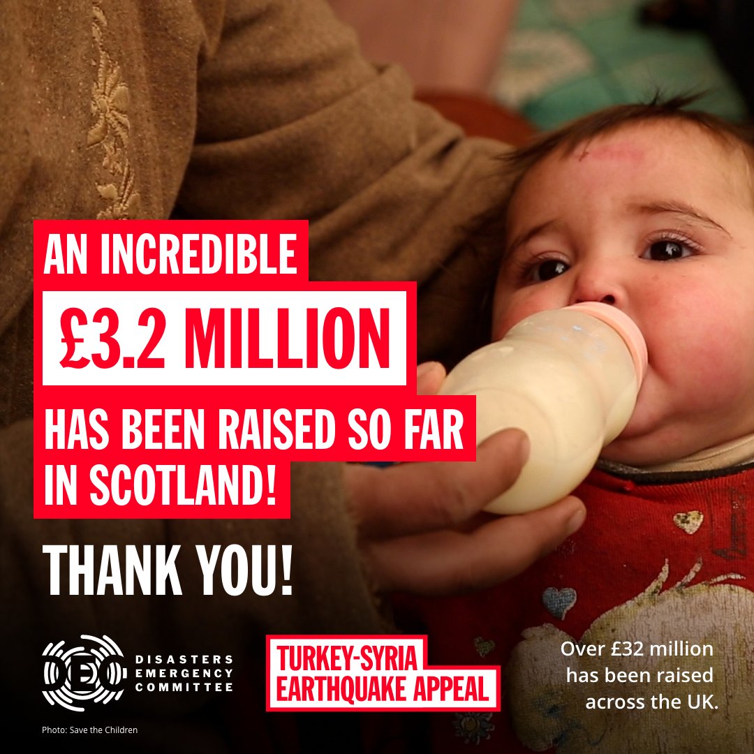 Hugely encouraging and inspiring news this evening

We have raised well over £3 million in Scotland in response to the #TurkeySyriaEarthquake in just 24 hours, £32.9 m across the UK!

Whilst its tough for so many here just now, the compassion shines through.  Thanks so much.🥰