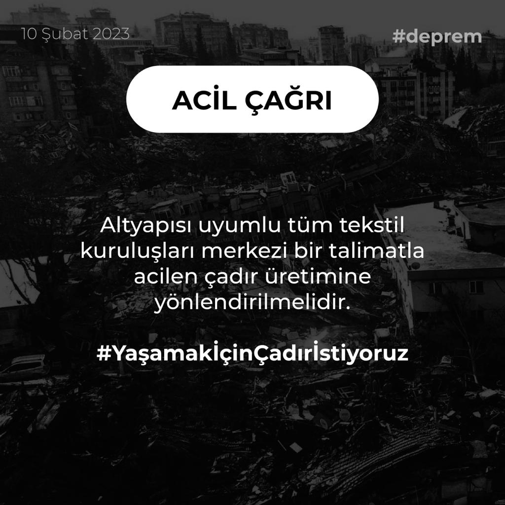 TMMOB1954's tweet photo. ACİL ÇAĞRI!

Altyapısı uyumlu tüm tekstil kuruluşları merkezi bir talimatla acilen çadır üretimine yönlendirilmelidir!

#YaşamakİçinÇadırİstiyoruz

#deprem https://t.co/pu1LNB0z61