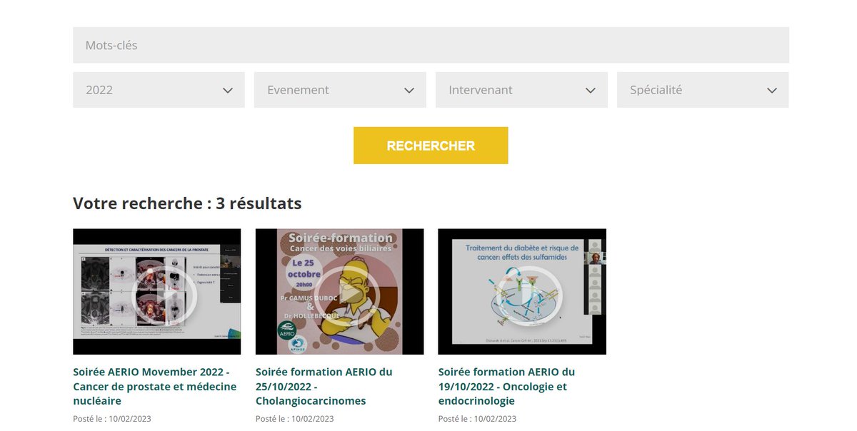 *Vidéos des soirées de formation*

Vous avez manqué une soirée de formation? 
Pas de problème: retrouvez sa captation vidéo sur la vidéothèque du site de l'AERIO  🥳
aerio-oncologie.org/aerio-articles…  

=> Encore une bonne raison de renouveler son adhésion 👈
