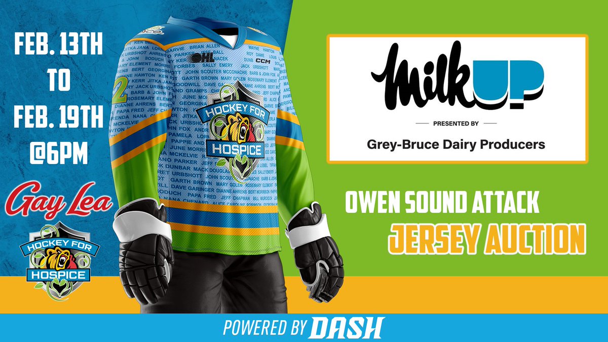 Bid on your favourite Attack player's jersey and support the important care of @GBHospice.

Our jersey auction runs until Sunday at 6pm thanks to Grey-Bruce Dairy Producers for sponsoring these awesome jerseys. 
web.dashapp.io/auction/63d2d4…