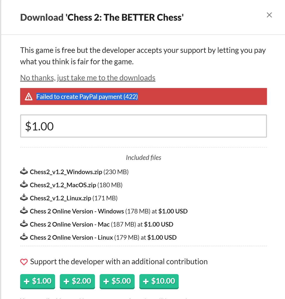 jtweav's tweet photo. @Hey_Im_Keelee I tried to buy the game but with no luck. "Failed to create PayPal payment (422)" https://t.co/FRuNyzU7mO