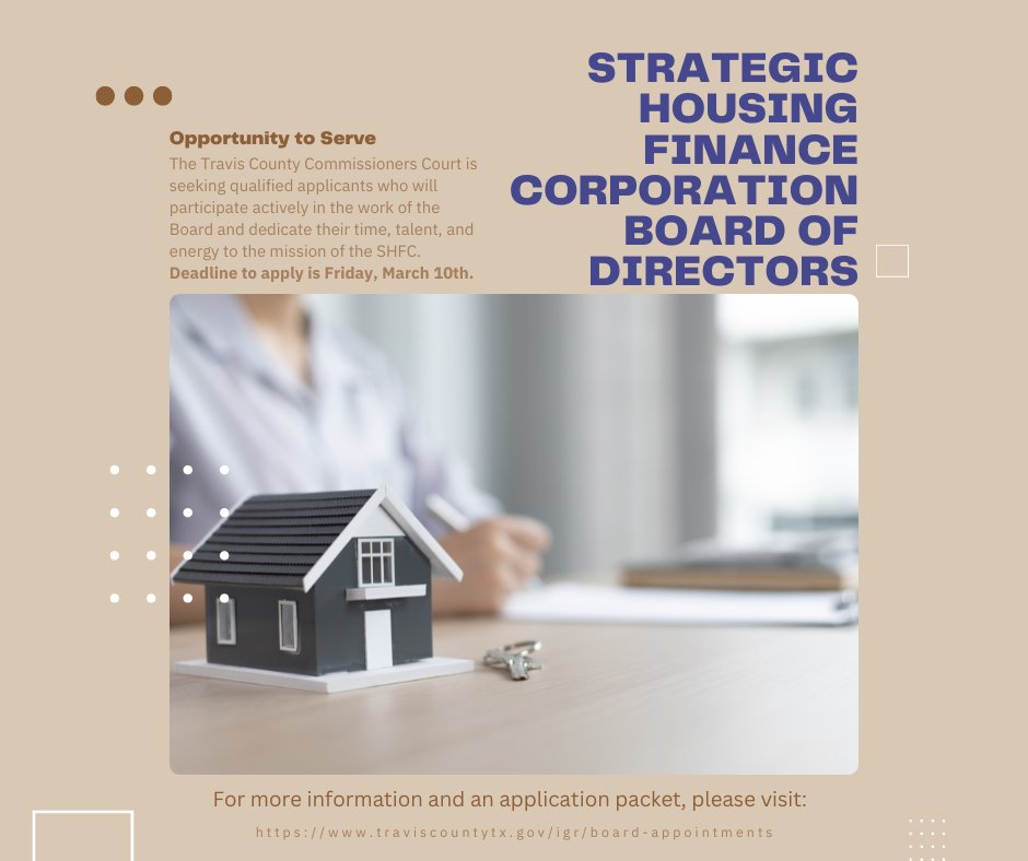 TravCo_IGR's tweet image. @TravisCountyTX is seeking residents interested in serving on the Strategic Housing Finance Corporation (SHFC) Board of Directors 

🏠SHFC serves the mission of the @HATCTX by acting as its primary development corporation. 

For more info, please visit: traviscountytx.gov/igr/board-appo…