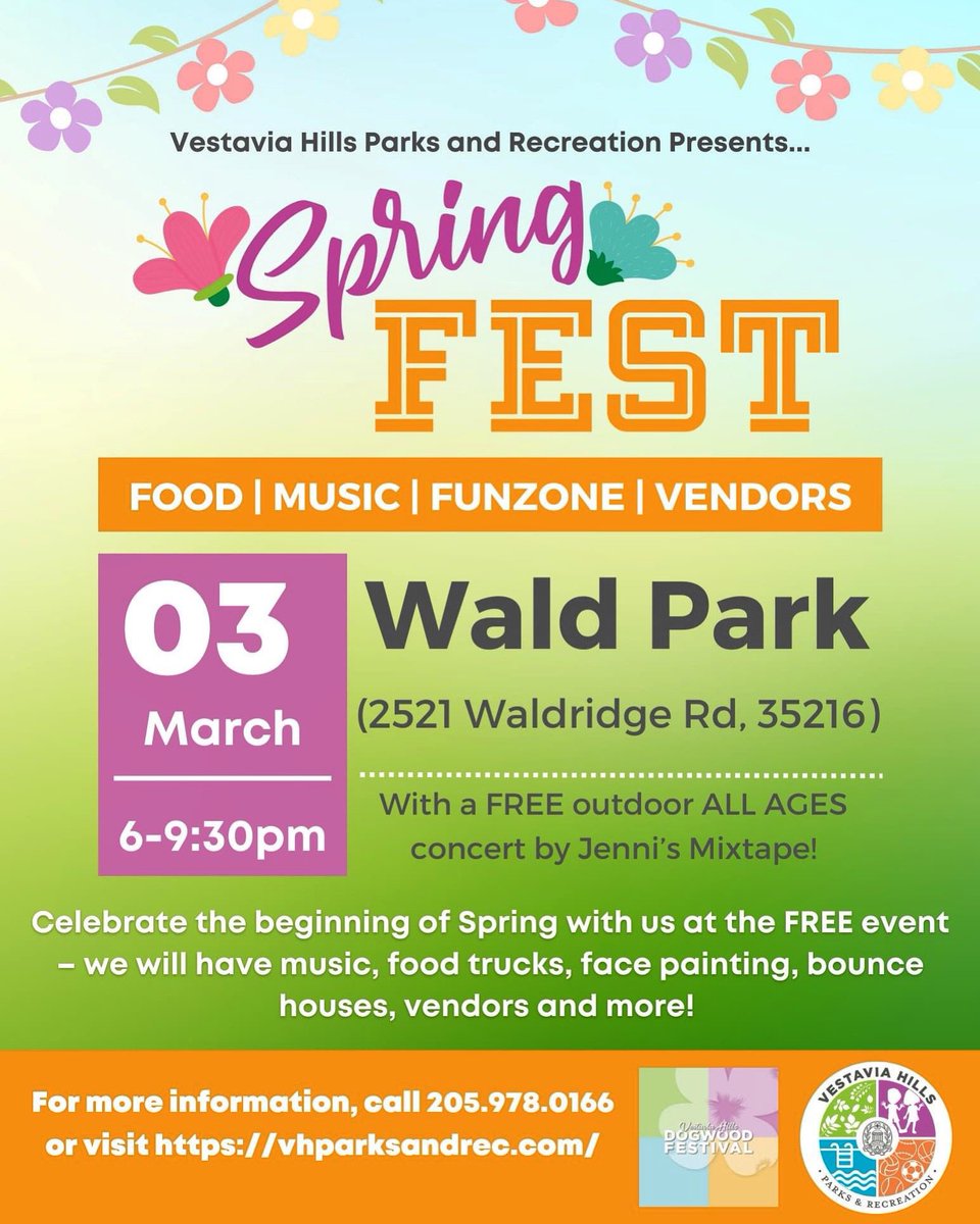 VHParks_Rec's tweet photo. 🌸🌸SpringFest &amp; Concert, Wald Park, 6-9:30pm🌸🌸

Join Vestavia Hills Parks and Recreation as we celebrate the beginning of Spring– we will have music, food trucks, face painting, bounce houses, vendors and an outdoor ALL AGES concert by Jenni’s Mixtape starting at 7pm! https://t.co/xq7N1s3IK6