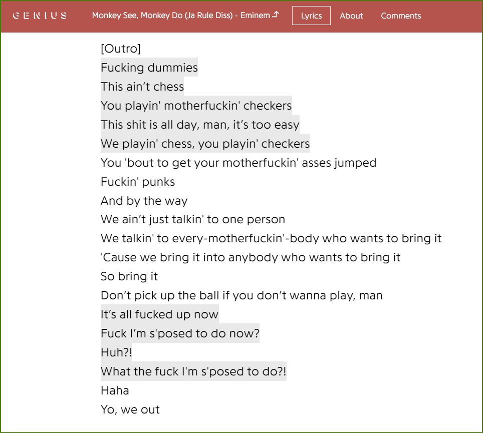 brightpreporg's tweet image. Eminem - Monkey See, Monkey Do [Ja Rule Diss] (Lyrics)

YouTube Video: youtube.com/watch?v=P8MC_I…

#monkeyseemonkeydo #monkeybusiness #monkeys #monkeybook #monkey