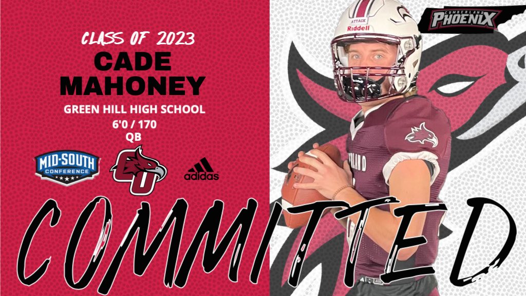 Cade Mahoney (@10_cmqb) on Twitter photo 110% committed to Cumberland university! Grateful to be able to get my education and play the sport I love! <a href="/TimMathisCU/">Tim Mathis</a> <a href="/CoachJoshQualls/">Josh Qualls</a> <a href="/CoachHigginson/">Brad Higginson</a> <a href="/Jcrouch17/">Coach Crouch</a> <a href="/GreenHill_Hawks/">Green Hill Football</a> 110% committed to Cumberland university! Grateful to be able to get my education and play the sport I love! <a href="/TimMathisCU/">Tim Mathis</a> <a href="/CoachJoshQualls/">Josh Qualls</a> <a href="/CoachHigginson/">Brad Higginson</a> <a href="/Jcrouch17/">Coach Crouch</a> <a href="/GreenHill_Hawks/">Green Hill Football</a>