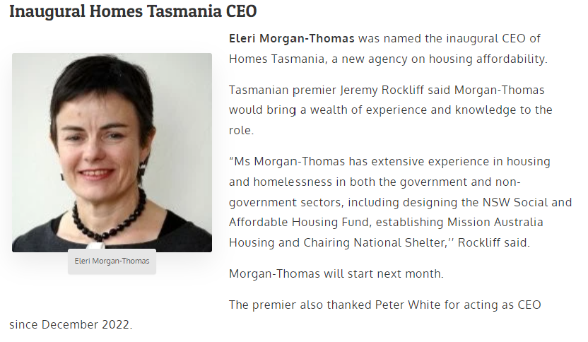 Congratulations to former National Shelter Chairperson <a href="/EleriMT/">Eleri Morgan-Thomas</a> on her appointment as the inaugural CEO of Homes Tasmania.