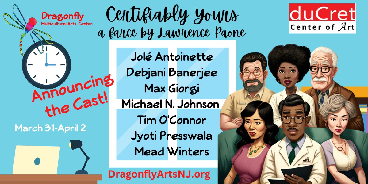 Mark your calendars for this award-winning farce by Metuchen resident Lawrence Paone. March 31-April 2 at duCret Center of Art in Plainfield. DragonflyArtsNJ.org. 
#njtheater #castannouncement #farce #plainfieldnj #ducretart #njarts
