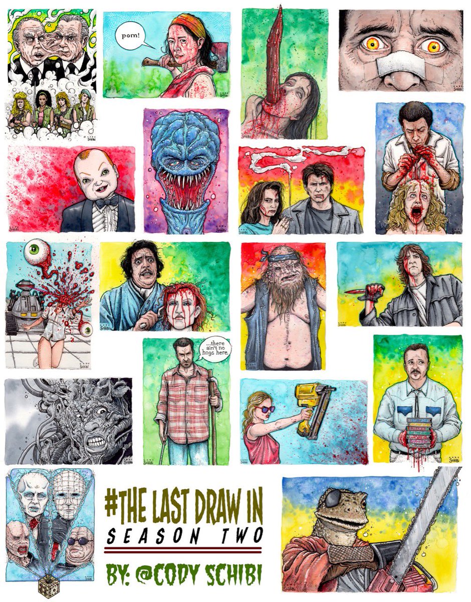 codyschibi's tweet photo. TONIGHT is #TheLastDriveIn’s Valentine Special on @Shudder &amp; since I ♥️ YOU ALL, it’s giveaway time! FIVE random winners will be sent any print of their choice from my 76 #TheLastDrawIn paintings. To enter: simply follow me &amp; RT this! I’ll be picking the winners Monday morning😘 https://t.co/IfVEGhNik9