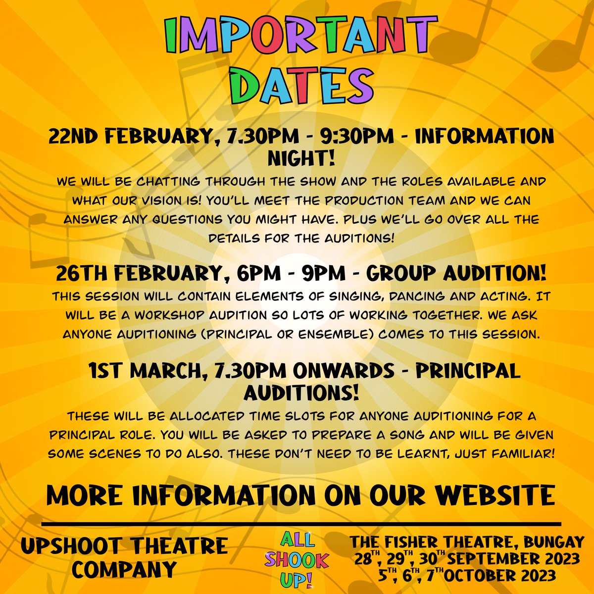 UsUpshoot's tweet photo. Thinking of auditioning for All Shook Up? Here is some important details! 🎭

For all the info please check out our website, link in our bio 🎶 https://t.co/GrEOQhvs68