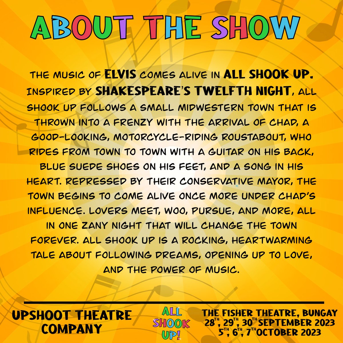 UsUpshoot's tweet photo. Thinking of auditioning for All Shook Up? Here is some important details! 🎭

For all the info please check out our website, link in our bio 🎶 https://t.co/GrEOQhvs68