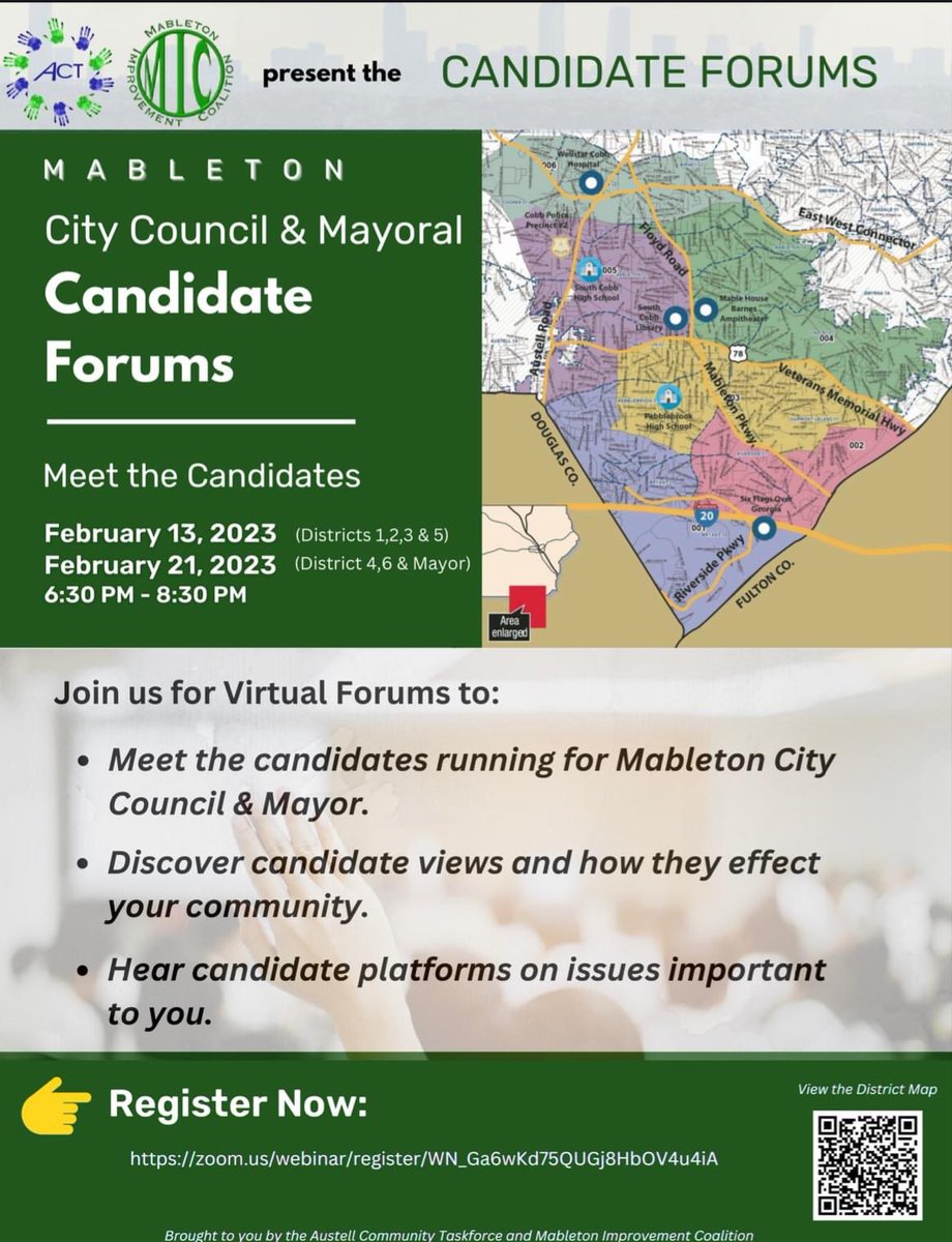 CobbDemocrats's tweet image. Please be sure to register for Candidate Forums presented by the Mableton Improvement Coalition on 2/13 and 2/21! zoom.us/webinar/regist…
#CityofMableton #Mableton #CobbElections #CobbDemocrats