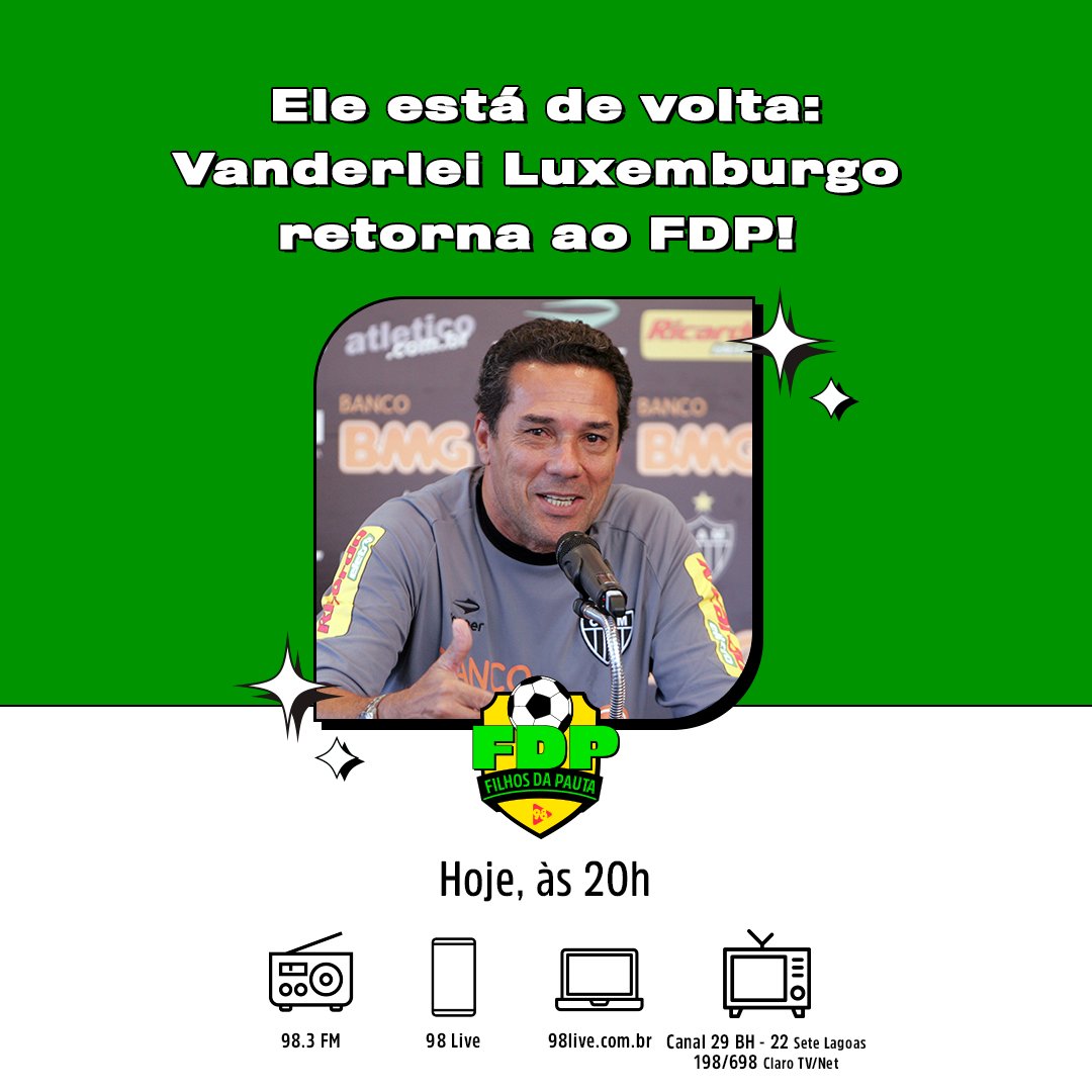 #FDP98 | ⚽ O Professor está de volta! O técnico Vanderlei Luxemburgo estará participandoo novamente do FDP desta sexta-feira!

Te esperamos às 20h!

💻 98live.com.br
📻 98,3 FM
📱 App 98 Live
📺 Canal 29 e Claro TV 698
▶ tinyurl.com/5n7rcr5m
