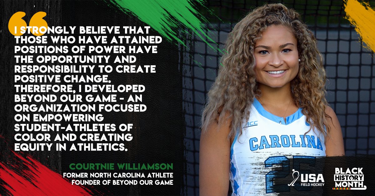 USAFieldHockey's tweet photo. In 2020, Courtnie Williamson became national powerhouse @UNCFieldHockey’s first black captain. That same year, she founded the organization @BeyondOurGame, with the goal of establishing an inclusive &amp; uplifting community. Click the link to learn more!

https://t.co/TogpP4xb0w https://t.co/t9aKjNBwqt