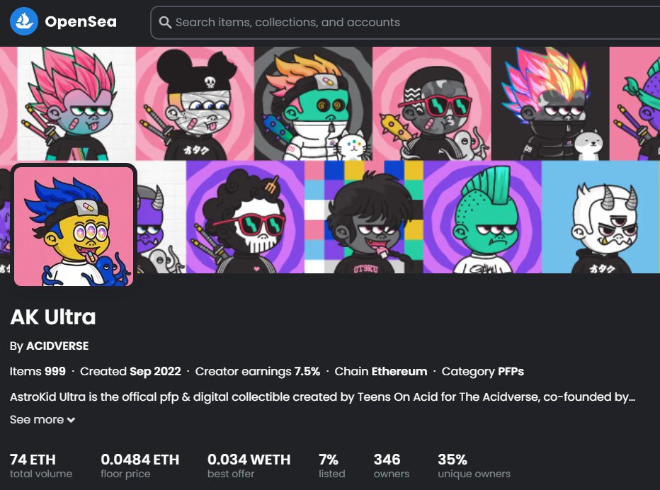 TEENSONACID's tweet photo. it's amazing that our free mint @AKUltraOfficial is nearing the 75ETH traded volume mark on @opensea 
It would be WILD to be able to get that ☑️ for the @ACIDVERSE_NFT account &amp; have our collections verified, 
THANKYOU to our community for the support.
#acidverse #NFTCommunity https://t.co/wESXnQmy66