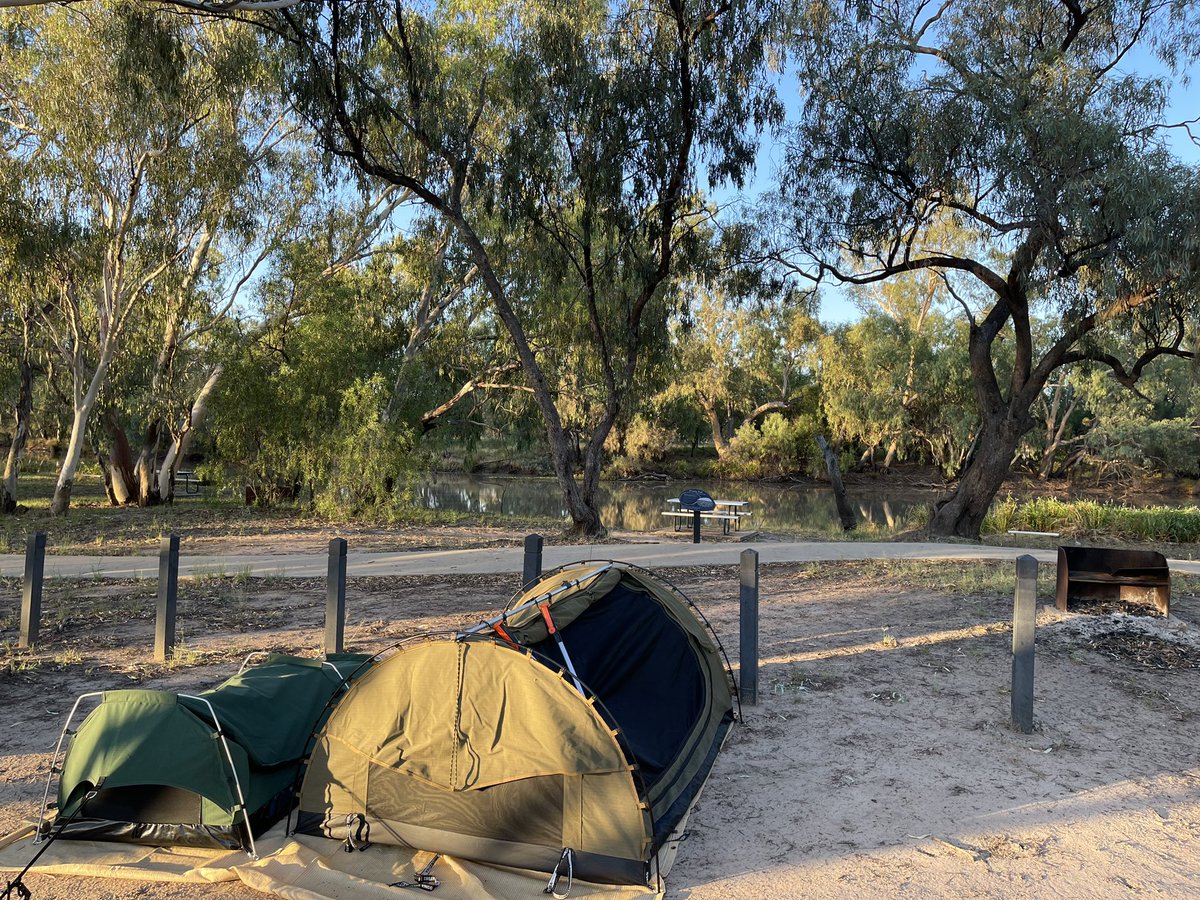 HeathLittle73's tweet photo. Set up on the banks of the Moonie River right opposite the famous Nindigully Pub with @ForumPunterClub #outbackqld #Queensland #roadtrip #camping #swags https://t.co/CfjTV5ehNJ
