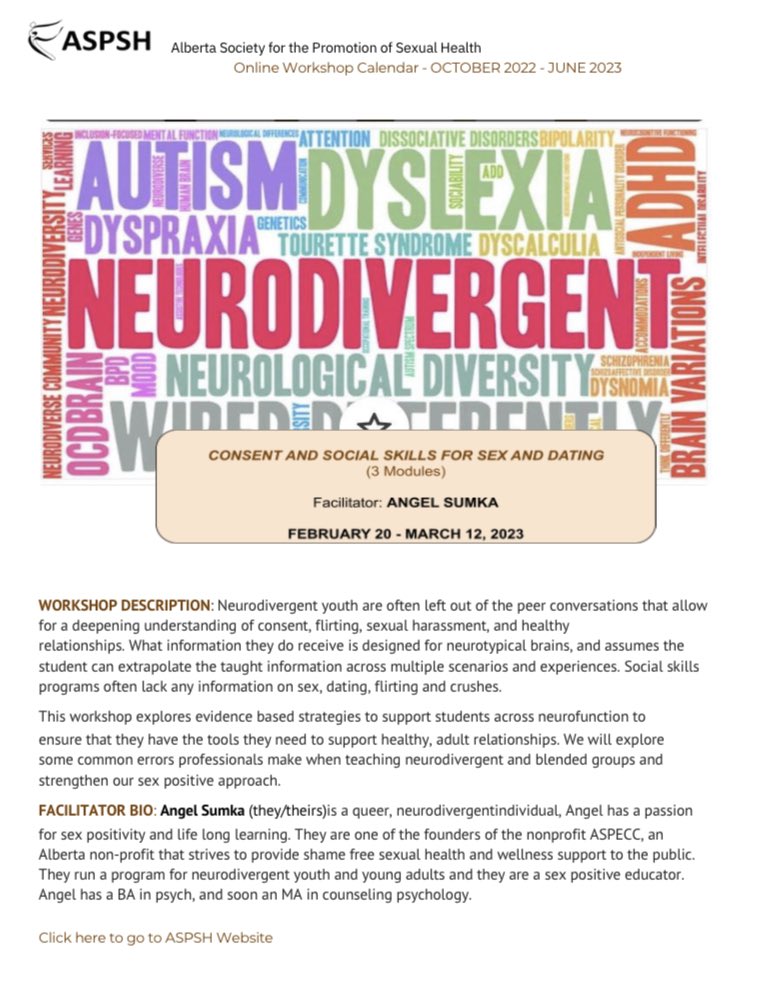 ASPSH's tweet image. ASPSH NEW online workshop, Consent and Social Skills for Sex and Dating, developed and facilitated by Angel Sumka, starting Monday, February 20th. 
Go to aspsh.ca/shop to join Angel as she explores strategies to support youth across neurofunctions.